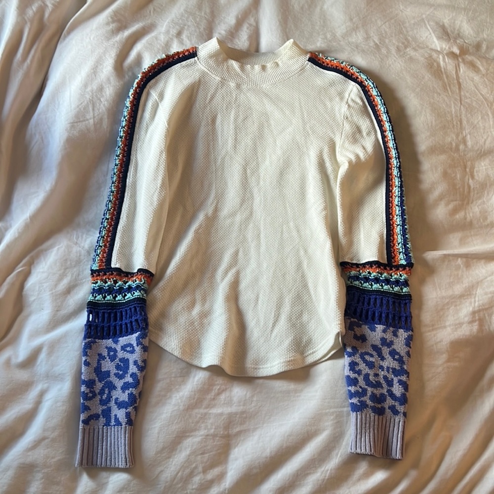 Free People Switch It Up Thermal Cotton Blend Printed Sleeve Mock Neck Top